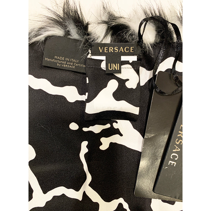 NEW $795 VERSACE RUNWAY Black White Zebra Print FAUX FUR STOLE 54" x 9" SCARF