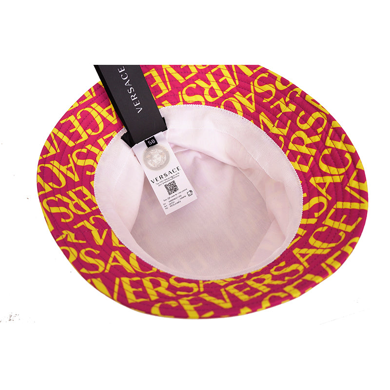 SZ 57/58/59 NEW $475 VERSACE Pink YELLOW ALLOVER LOGO Signature Print Unisex BUCKET HAT