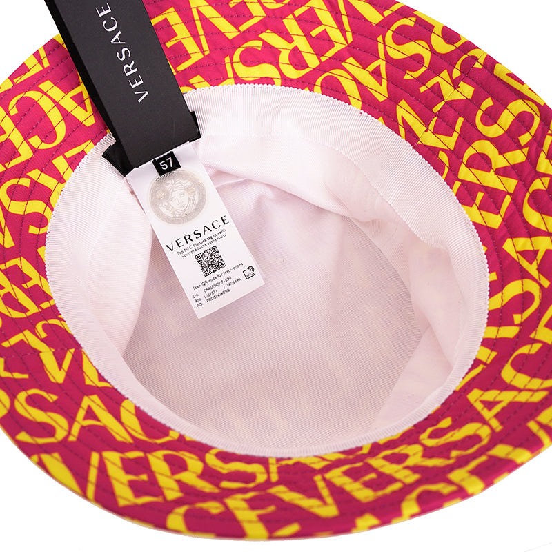 SZ 57, 58 & 59 NEW $475 VERSACE Pink YELLOW ALLOVER LOGO Signature Print Unisex BUCKET HAT
