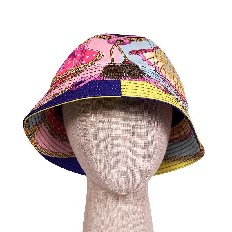 sz 57/58/59/60 NEW $625 VERSACE Ventagli BAROQUE FLORAL FAN PRINT Logo Nylon BUCKET HAT
