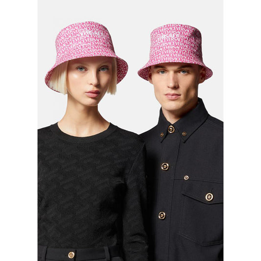 57/58 M NEW $475 VERSACE Pink Cotton ALLOVER LOGO Signature Print Unisex BUCKET HAT