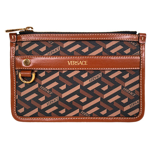 NEW $595 VERSACE Caramel LA GRECA Signature Small Pouch MODULAR CLUTCH Zip BAG