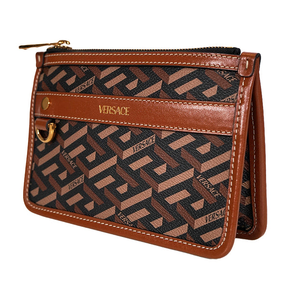 NEW $595 VERSACE Caramel LA GRECA Signature Small Pouch MODULAR CLUTCH Zip BAG