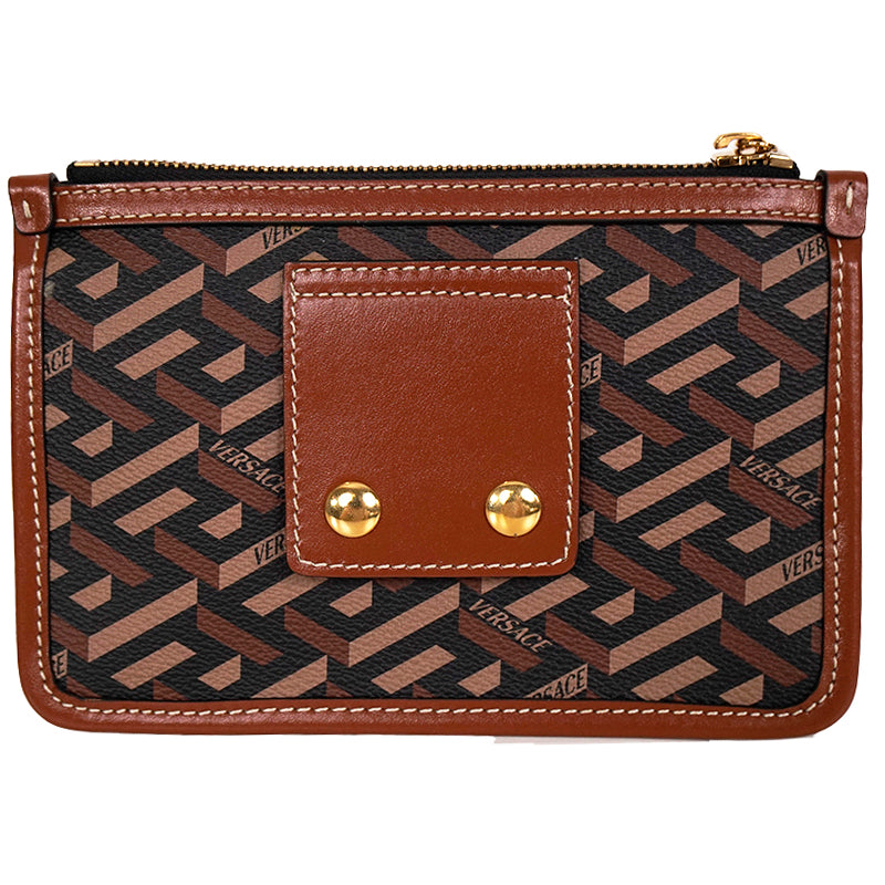 NEW $595 VERSACE Caramel LA GRECA Signature Small Pouch MODULAR CLUTCH Zip BAG
