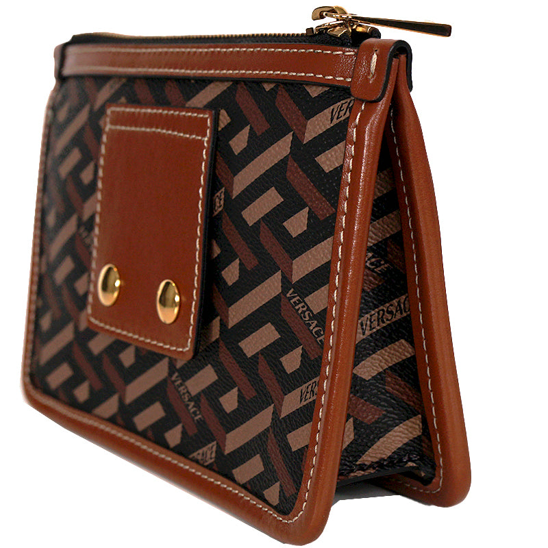 NEW $595 VERSACE Caramel LA GRECA Signature Small Pouch MODULAR CLUTCH Zip BAG