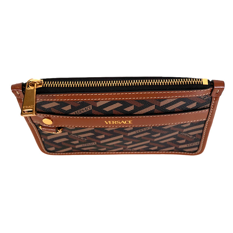 NEW $595 VERSACE Caramel LA GRECA Signature Small Pouch MODULAR CLUTCH Zip BAG