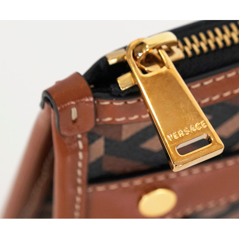 NEW $595 VERSACE Caramel LA GRECA Signature Small Pouch MODULAR CLUTCH Zip BAG