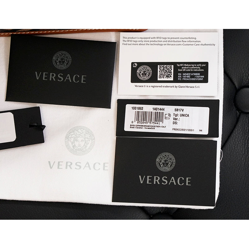 NEW $595 VERSACE Caramel LA GRECA Signature Small Pouch MODULAR CLUTCH Zip BAG