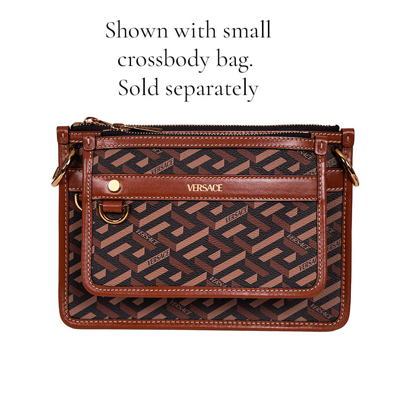 NEW $595 VERSACE Caramel LA GRECA Signature Small Pouch MODULAR CLUTCH Zip BAG