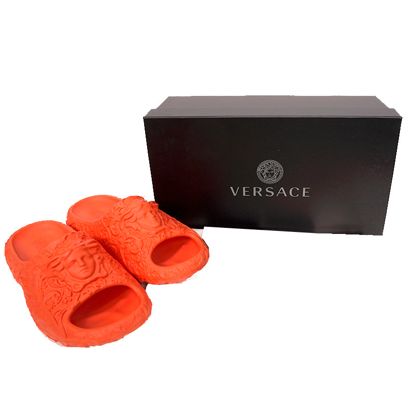 42 43 45 NEW $525 VERSACE Men's Orange BAROCCO 3D MEDUSA LOGO Pool SLIDE SANDALS
