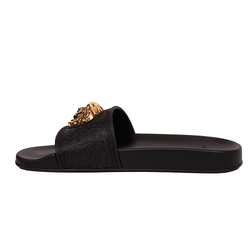 37 NEW $450 VERSACE Woman Black Pool Slides GOLD MEDUSA Logo Palazzo SANDALS NIB