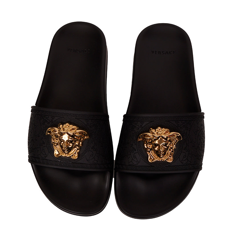 37 NEW $450 VERSACE Woman Black Pool Slides GOLD MEDUSA Logo Palazzo SANDALS NIB