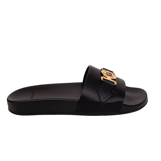 39 NEW $650 VERSACE Woman Black Leather GOLD BIGGIE MEDUSA Pool Slides SANDALS 9