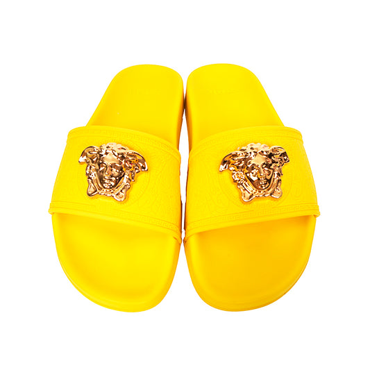 37 & 38 NEW $450 VERSACE Woman's Yellow Pool Slides GOLD MEDUSA Logo Palazzo SANDALS