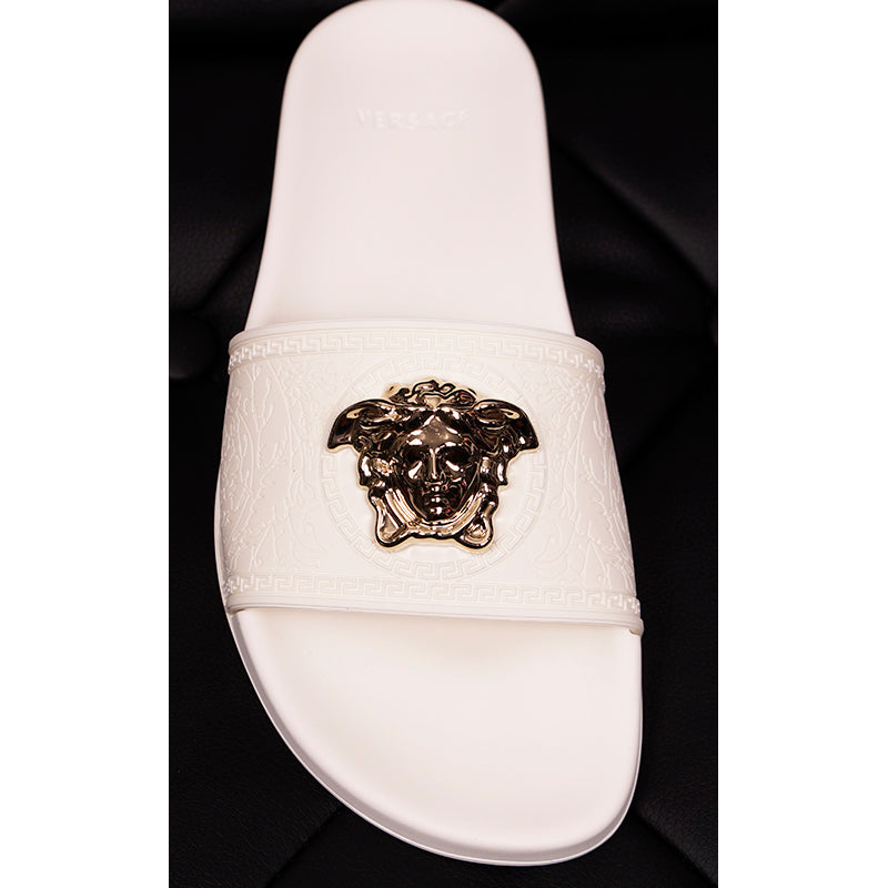 Versace★素敵！Women's WhiteGold Medusa Palazzo Sandals Palazzo Slides White | VERSACE US