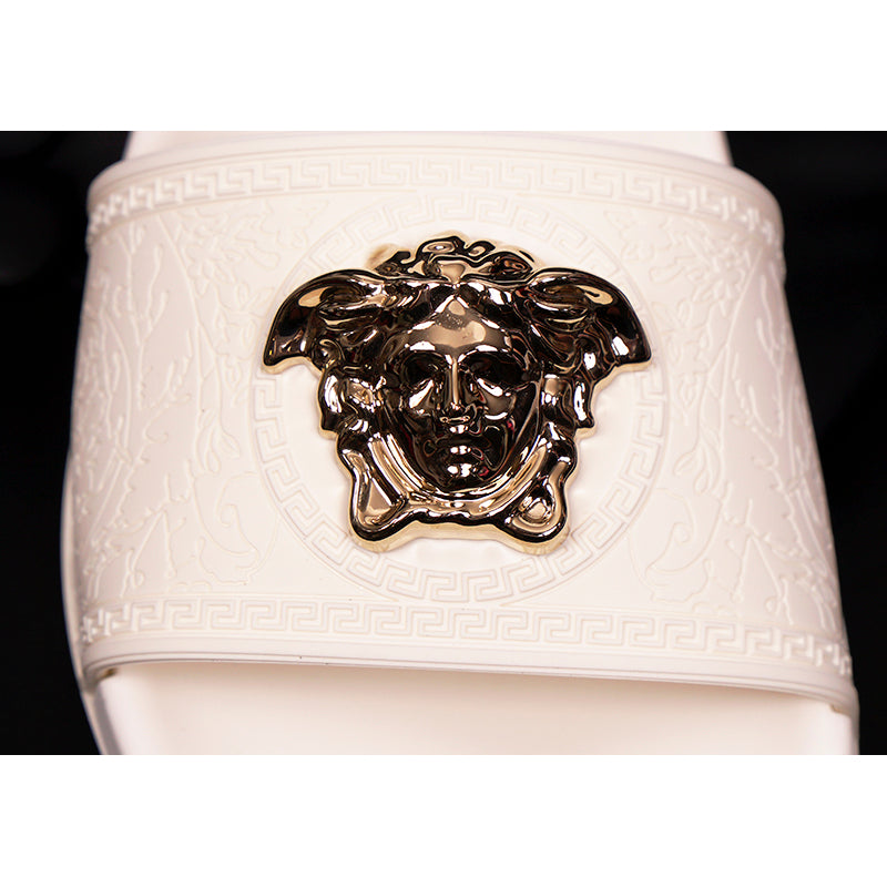 Versace★素敵！Women's WhiteGold Medusa Palazzo Sandals Palazzo Slides White | VERSACE US