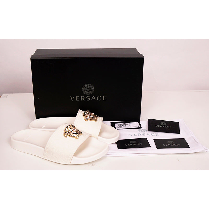 sz 39 NEW $450 VERSACE Woman White Pool Slides GOLD MEDUSA
