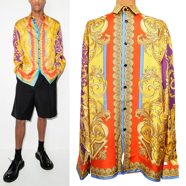 48/50/52 NEW $1,575 VERSACE Men's Yellow BAROCCO GODDESS BAROQUE Silk Twill SHIRT
