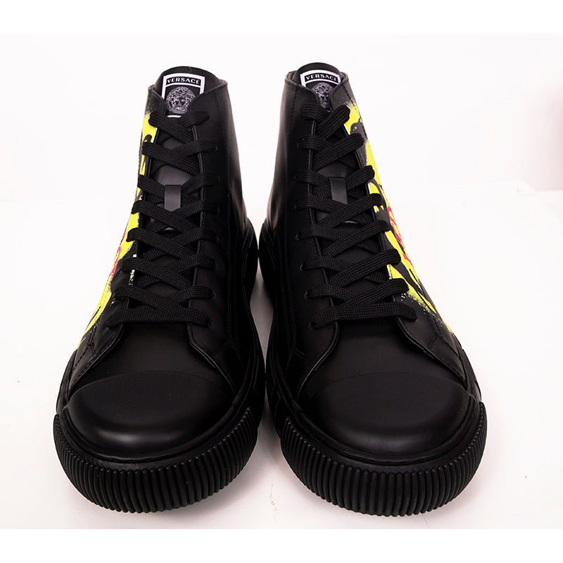 47.5 US 14.5 NEW $850 VERSACE Men Black Leather SMILEY MEDUSA LOGO High-top SNEAKERS