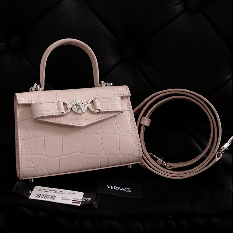 NEW $1550 VERSACE Pink Croc Embossed Leather MEDUSA 95 Mini TOP HANDLE BAG STRAP