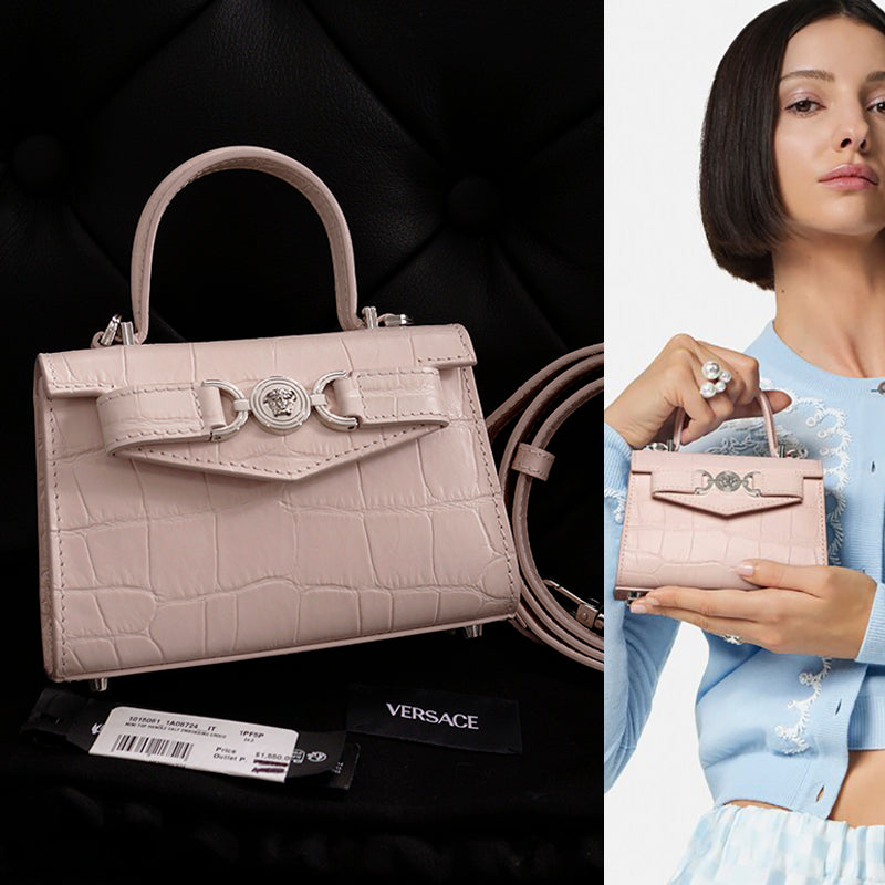 NEW $1550 VERSACE Pink Croc Embossed Leather MEDUSA 95 Mini TOP HANDLE BAG STRAP