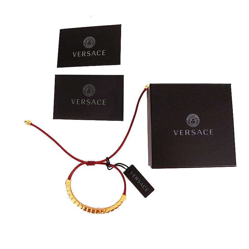 NEW $395 VERSACE RUNWAY Red Cotton Cinch Fastening Gold GRECA LOGO BRACELET NIB