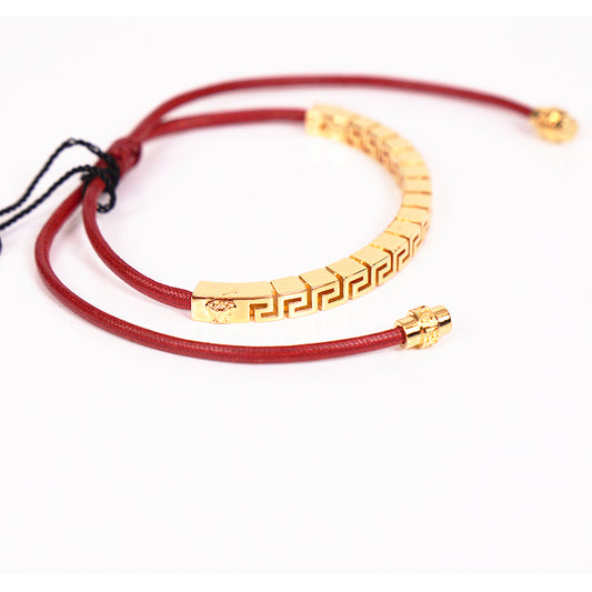 NEW $395 VERSACE RUNWAY Red Cotton Cinch Fastening Gold GRECA LOGO BRACELET NIB