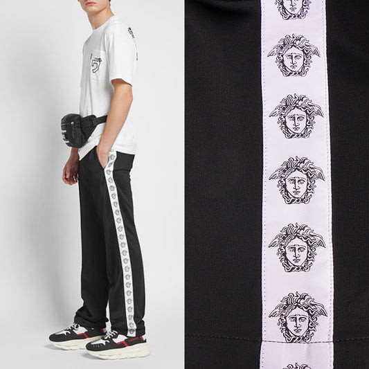 L & XL NEW $895 VERSACE Men's Black MEDUSA HEAD LOGO SIDE STRIPE Track Sporty PANTS