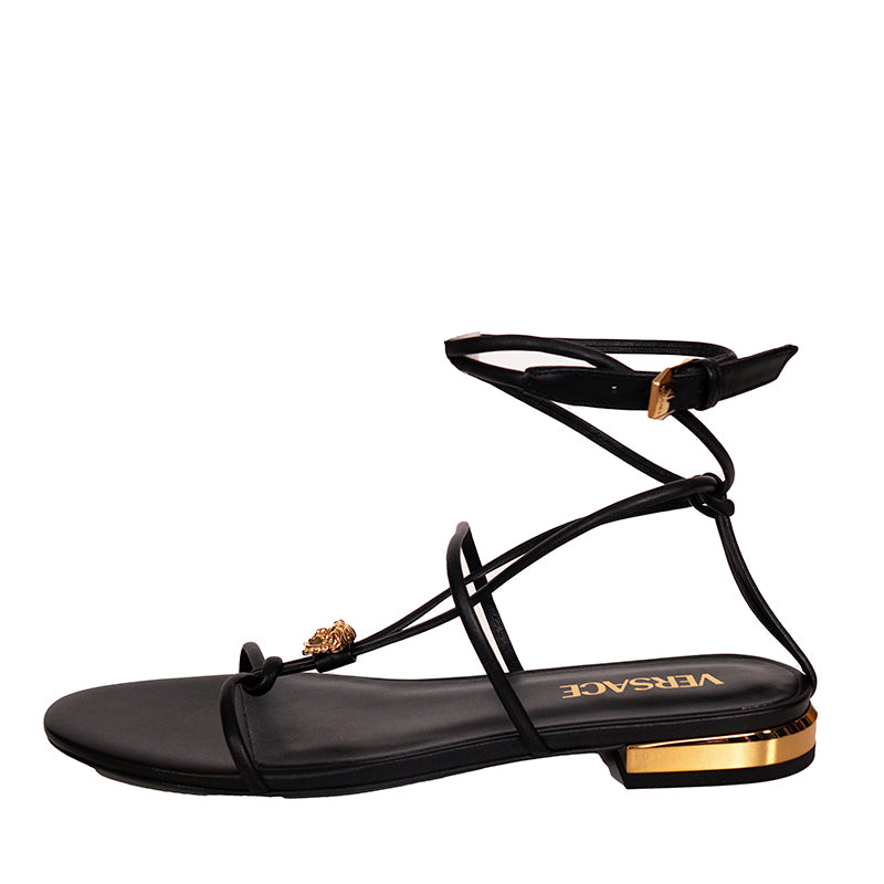 36.5/37.5/38 NEW $995 VERSACE Woman Black Leather GOLD MEDUSA LOGO Ankle Strap SANDALS