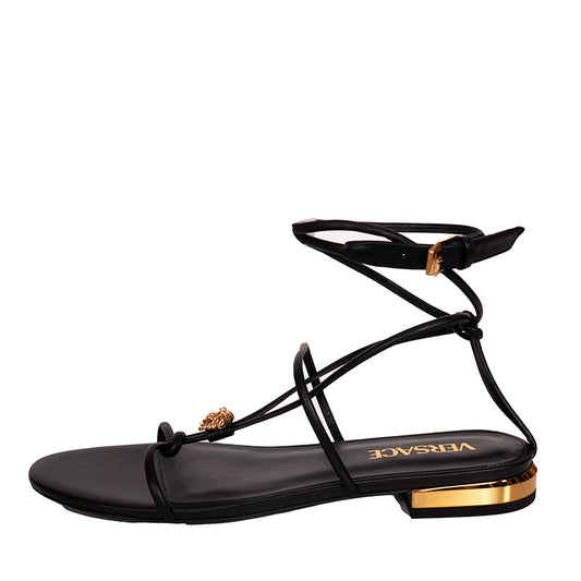 36.5/37.5/38 NEW $995 VERSACE Woman Black Leather GOLD MEDUSA LOGO Ankle Strap SANDALS