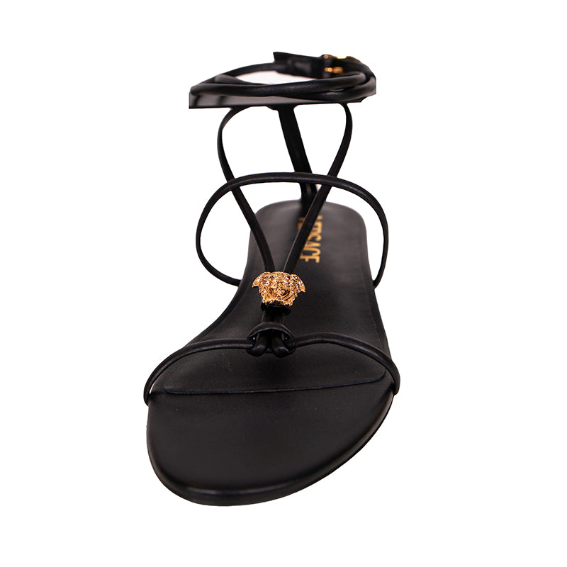36.5/37.5/38 NEW $995 VERSACE Woman Black Leather GOLD MEDUSA LOGO Ankle Strap SANDALS