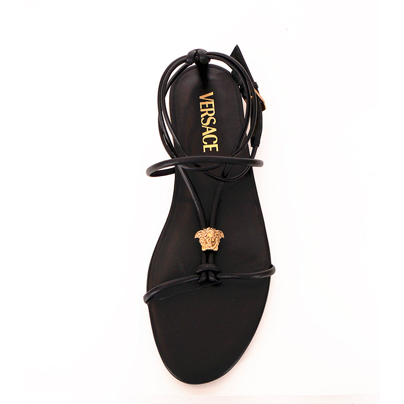 36.5/37.5/38 NEW $995 VERSACE Woman Black Leather GOLD MEDUSA LOGO Ankle Strap SANDALS