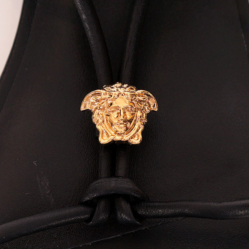 36.5/37.5/38 NEW $995 VERSACE Woman Black Leather GOLD MEDUSA LOGO Ankle Strap SANDALS