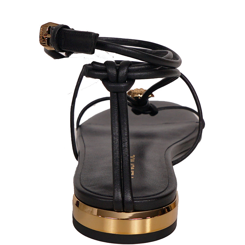36.5/37.5/38 NEW $995 VERSACE Woman Black Leather GOLD MEDUSA LOGO Ankle Strap SANDALS