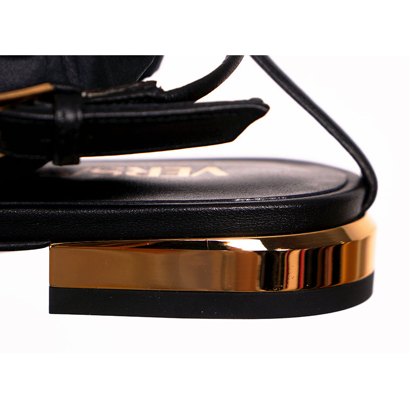 36.5/37.5/38 NEW $995 VERSACE Woman Black Leather GOLD MEDUSA LOGO Ankle Strap SANDALS