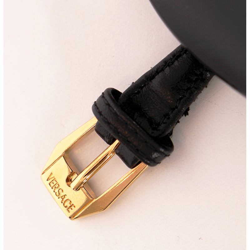 36.5/37.5/38 NEW $995 VERSACE Woman Black Leather GOLD MEDUSA LOGO Ankle Strap SANDALS