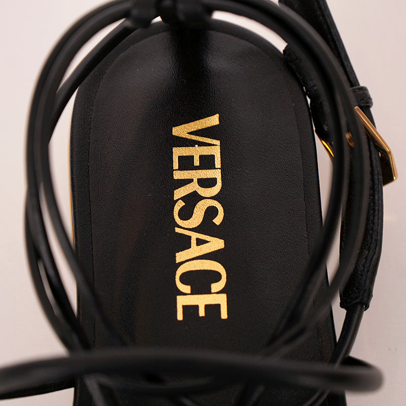 36.5/37.5/38 NEW $995 VERSACE Woman Black Leather GOLD MEDUSA LOGO Ankle Strap SANDALS