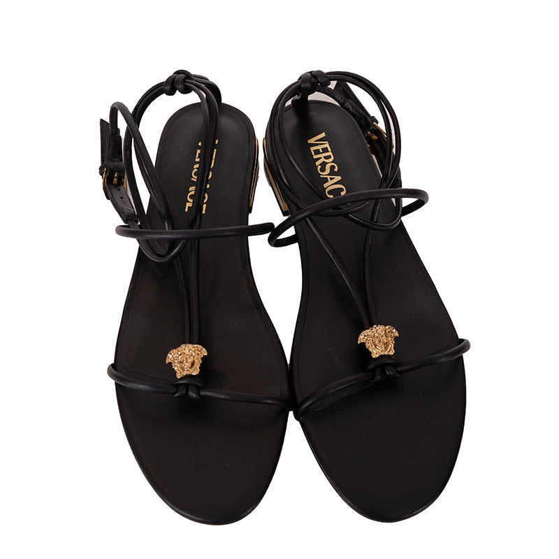 36.5/37.5/38 NEW $995 VERSACE Woman Black Leather GOLD MEDUSA LOGO Ankle Strap SANDALS