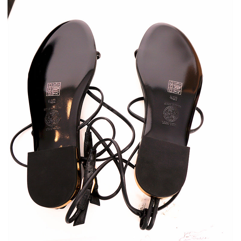 36.5/37.5/38 NEW $995 VERSACE Woman Black Leather GOLD MEDUSA LOGO Ankle Strap SANDALS