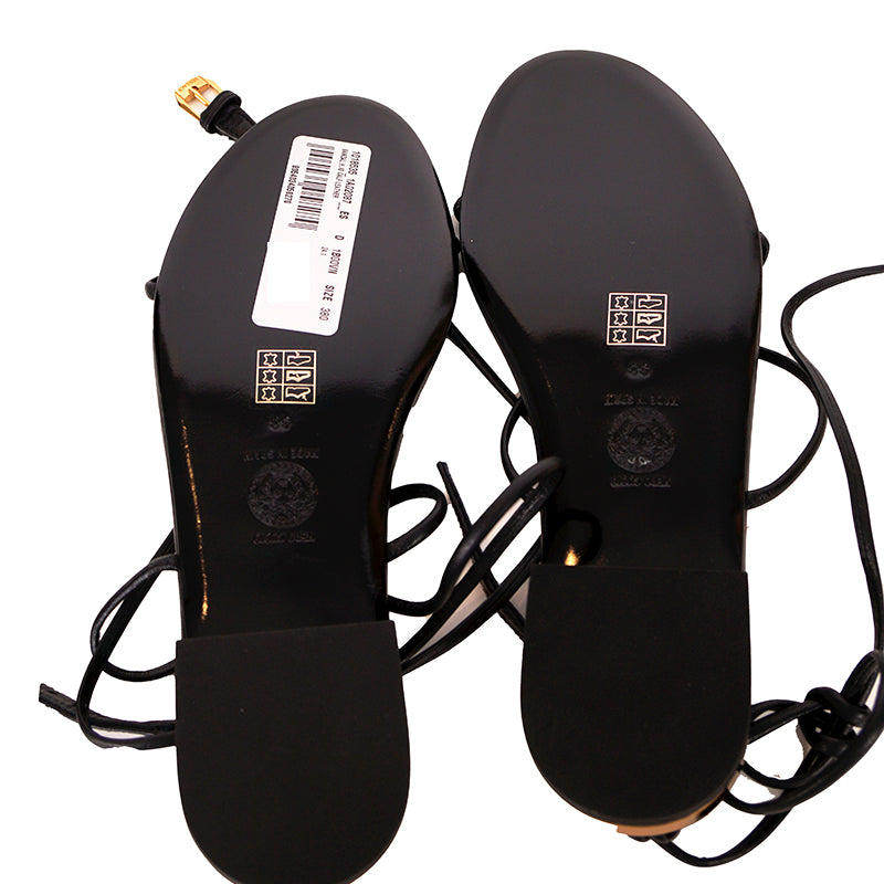 36.5/37.5/38 NEW $995 VERSACE Woman Black Leather GOLD MEDUSA LOGO Ankle Strap SANDALS