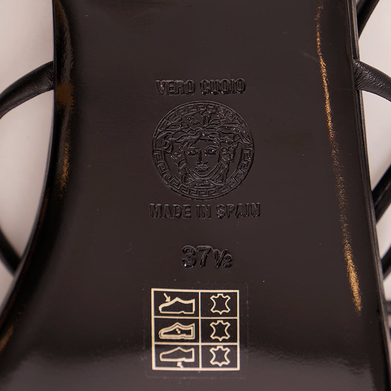 36.5/37.5/38 NEW $995 VERSACE Woman Black Leather GOLD MEDUSA LOGO Ankle Strap SANDALS