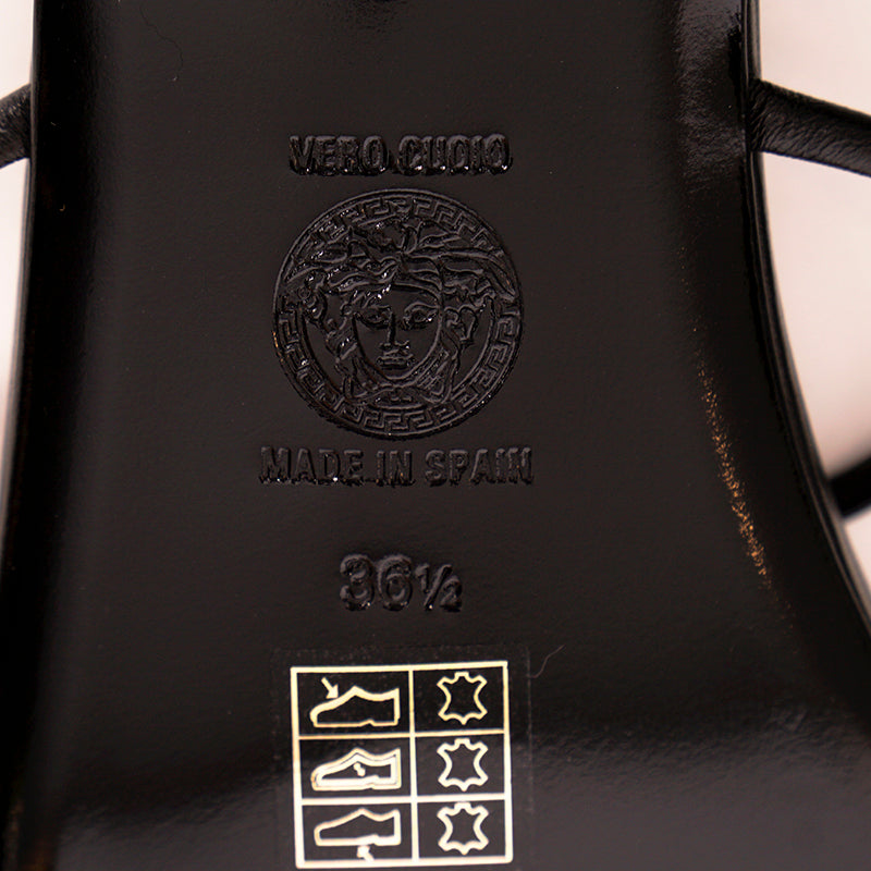 36.5/37.5/38 NEW $995 VERSACE Woman Black Leather GOLD MEDUSA LOGO Ankle Strap SANDALS