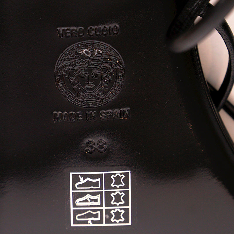 36.5/37.5/38 NEW $995 VERSACE Woman Black Leather GOLD MEDUSA LOGO Ankle Strap SANDALS