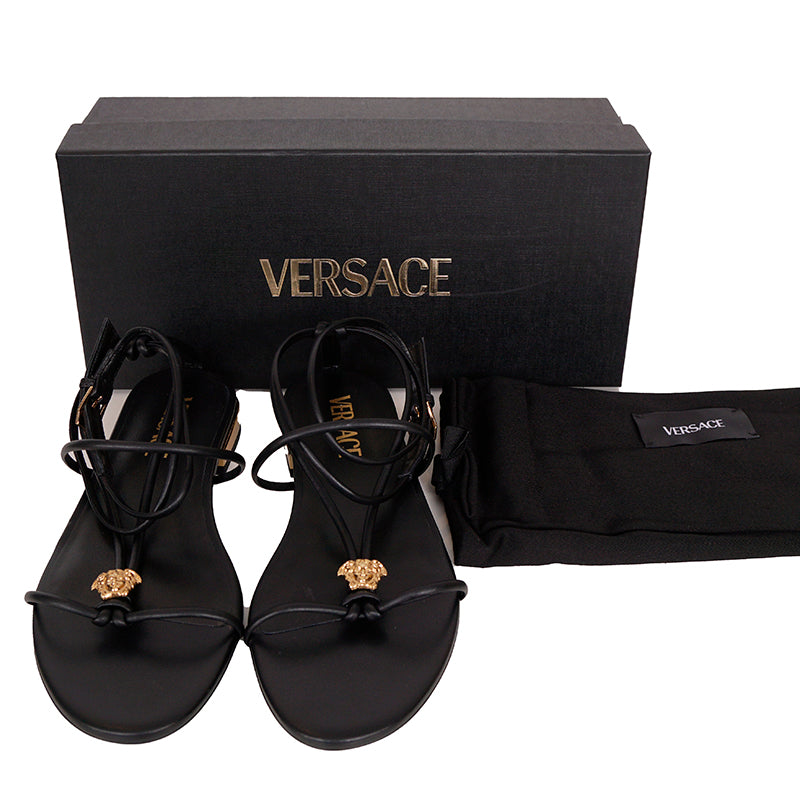 36.5/37.5/38 NEW $995 VERSACE Woman Black Leather GOLD MEDUSA LOGO Ankle Strap SANDALS