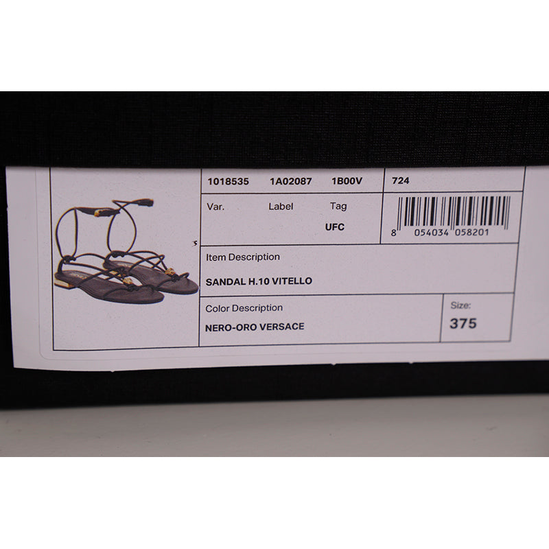 36.5/37.5/38 NEW $995 VERSACE Woman Black Leather GOLD MEDUSA LOGO Ankle Strap SANDALS