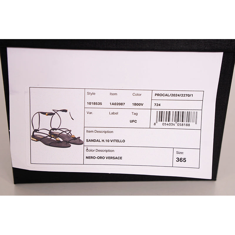 36.5/37.5/38 NEW $995 VERSACE Woman Black Leather GOLD MEDUSA LOGO Ankle Strap SANDALS