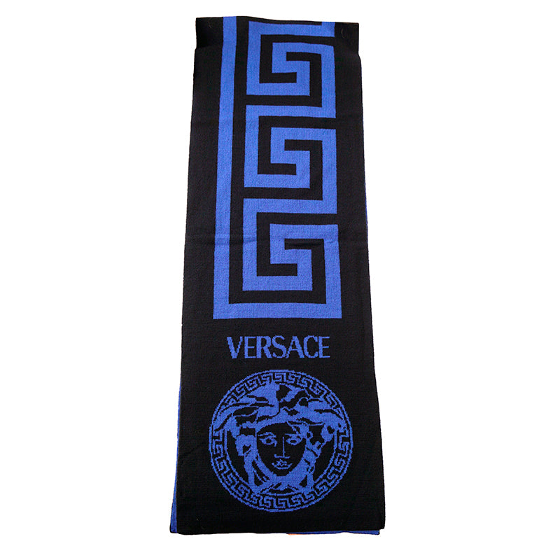 NEW $495 VERSACE Black Blue LA GRECA GREEK KEY MEDUSA LOGO Knit Wool Long SCARF