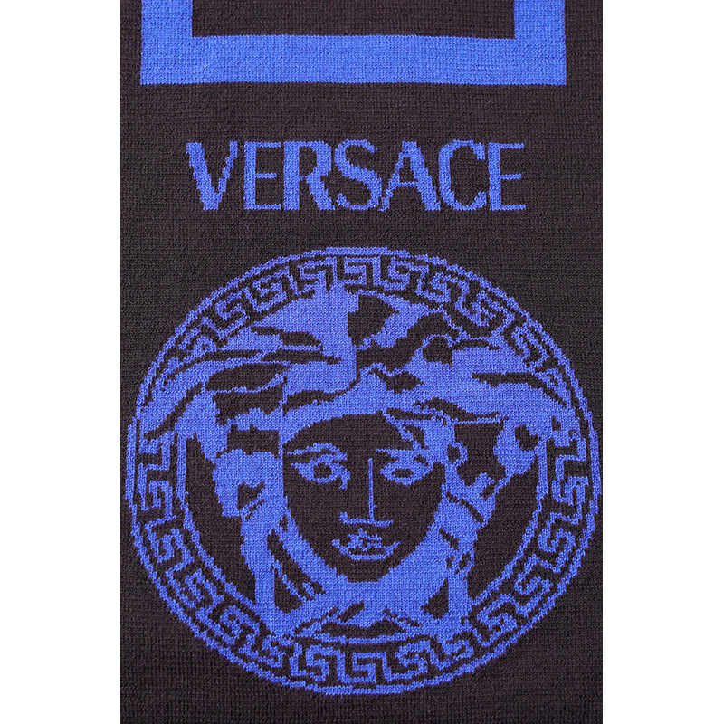 NEW $495 VERSACE Black Blue LA GRECA GREEK KEY MEDUSA LOGO Knit Wool Long SCARF