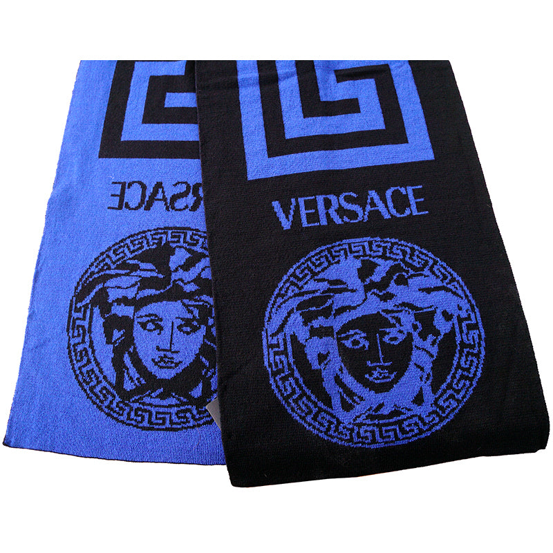 NEW $495 VERSACE Black Blue LA GRECA GREEK KEY MEDUSA LOGO Knit Wool Long SCARF