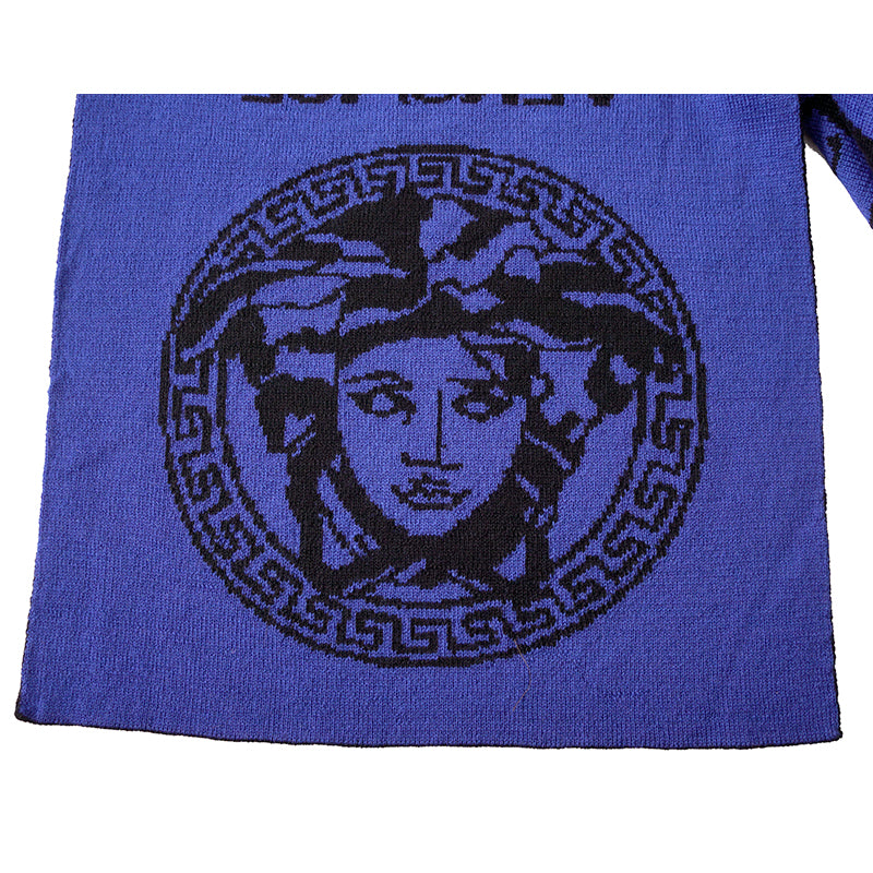 NEW $495 VERSACE Black Blue LA GRECA GREEK KEY MEDUSA LOGO Knit Wool Long SCARF
